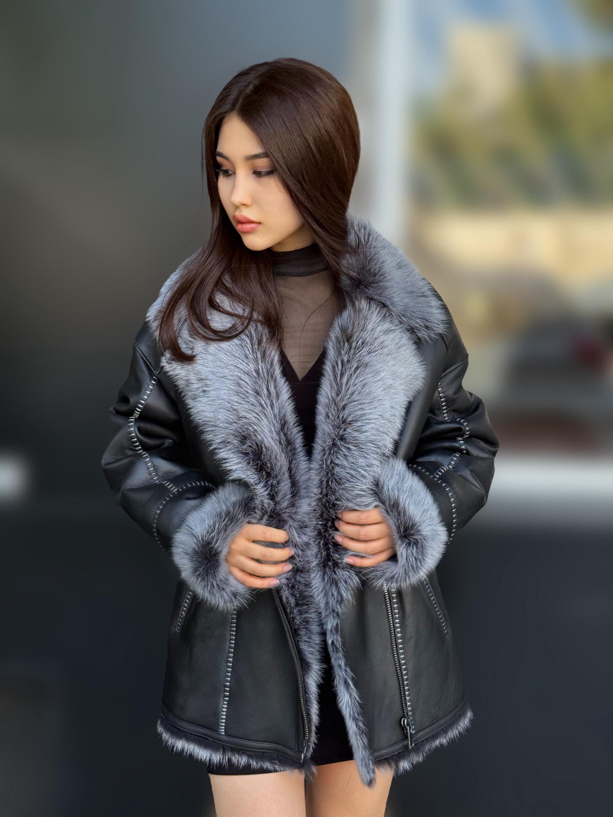 Black Toscana Shearling Aviator Coat: Handmade Women’s Short Lamb Fur Jacket