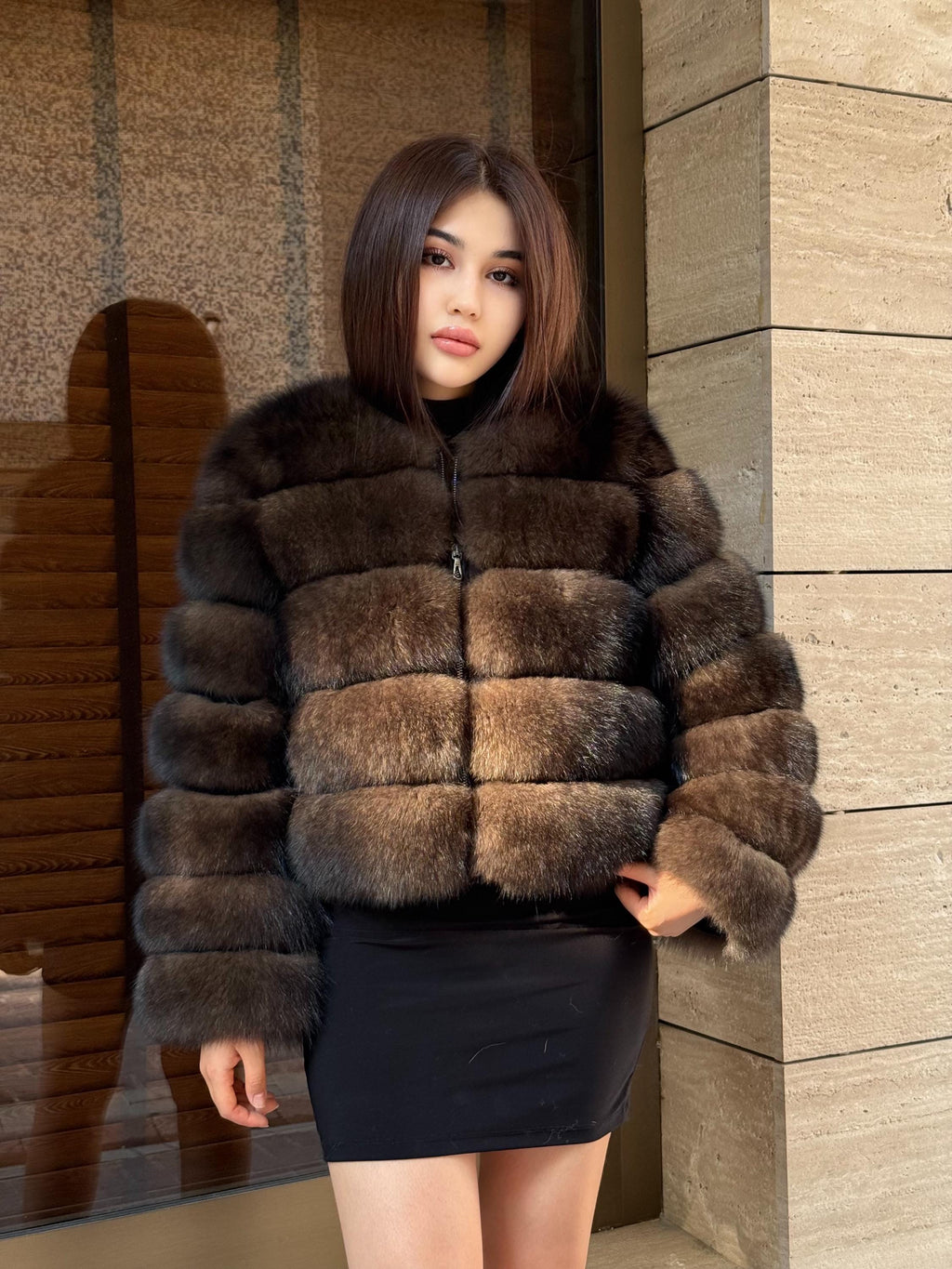 Brown Fox Fur Jacket with Detachable Sleeves: Handmade Women Sable Color Fur Coat