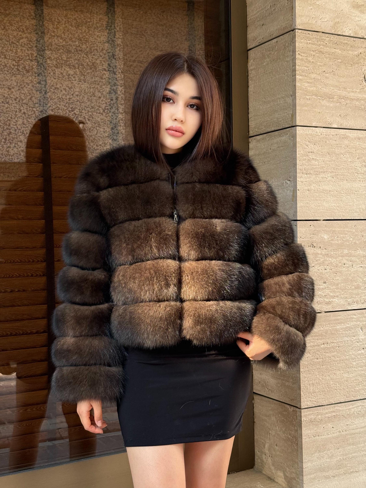 Brown Fox Fur Jacket with Detachable Sleeves: Handmade Women Sable Color Fur Coat