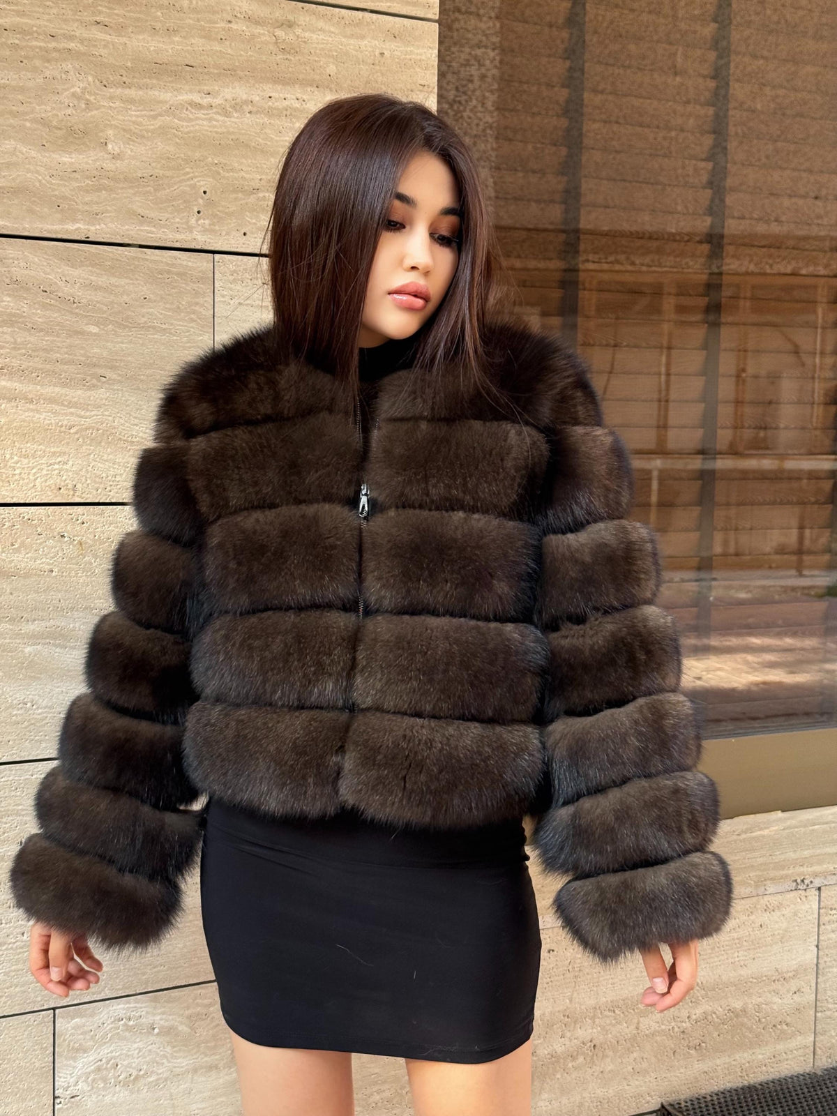 Brown Fox Fur Jacket with Detachable Sleeves: Handmade Women Sable Color Fur Coat