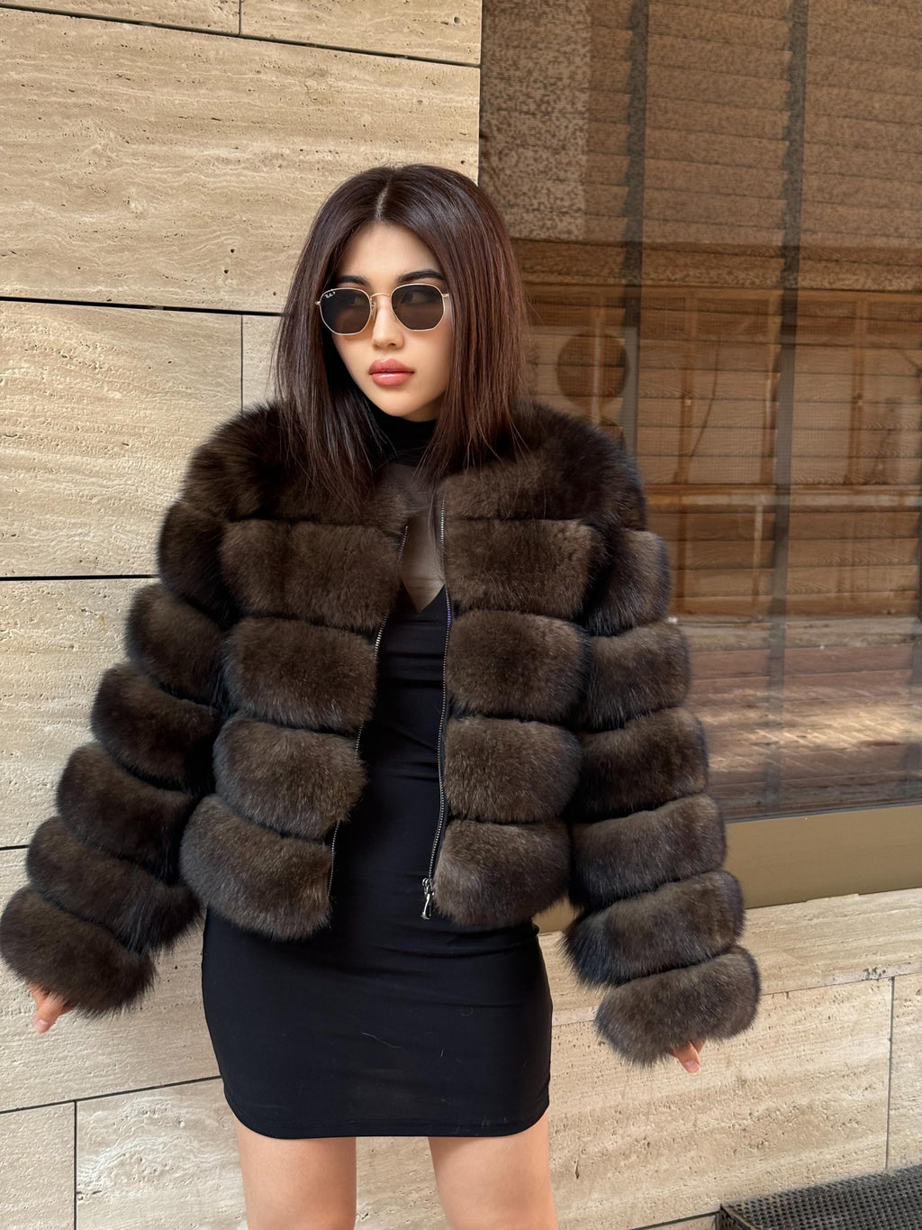 Brown Fox Fur Jacket with Detachable Sleeves: Handmade Women Sable Color Fur Coat