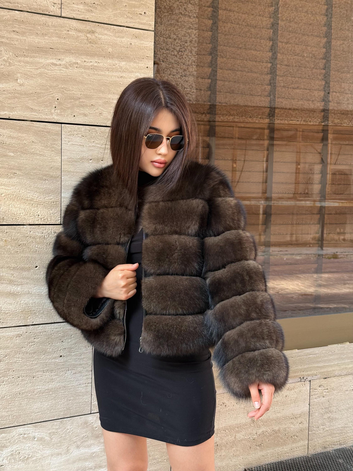 Brown Fox Fur Jacket with Detachable Sleeves: Handmade Women Sable Color Fur Coat