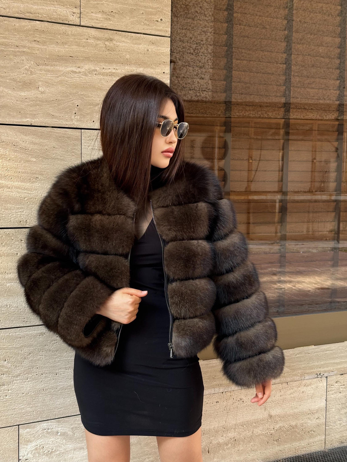 Brown Fox Fur Jacket with Detachable Sleeves: Handmade Women Sable Color Fur Coat