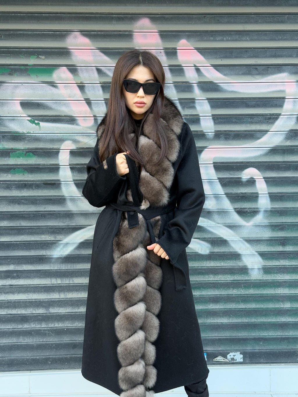 Black Long Alpaca Wool Coat, Front Fox Fur Jacket. / Long Fox Fur Coat | Women Fox Fur Jacket..| Sable Brown Fox Fur Jacket