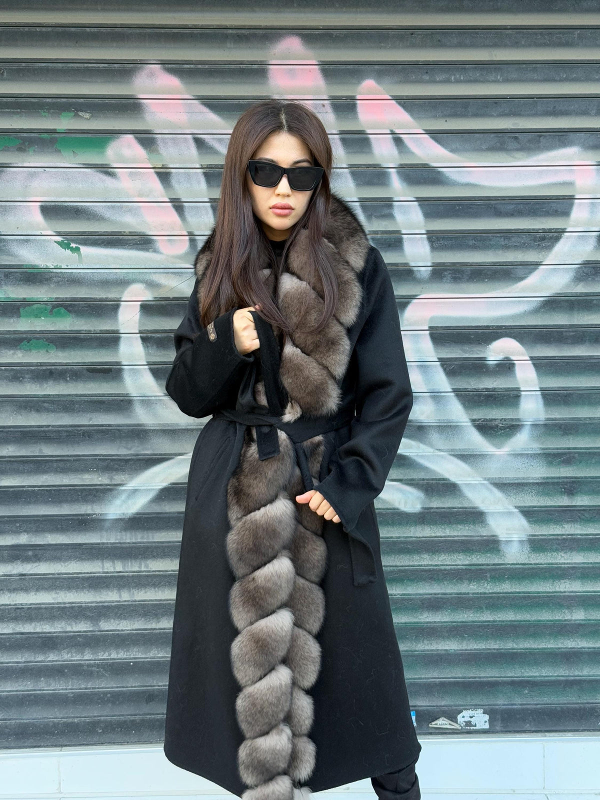 Black Long Alpaca Wool Coat, Front Fox Fur Jacket. / Long Fox Fur Coat | Women Fox Fur Jacket..| Sable Brown Fox Fur Jacket