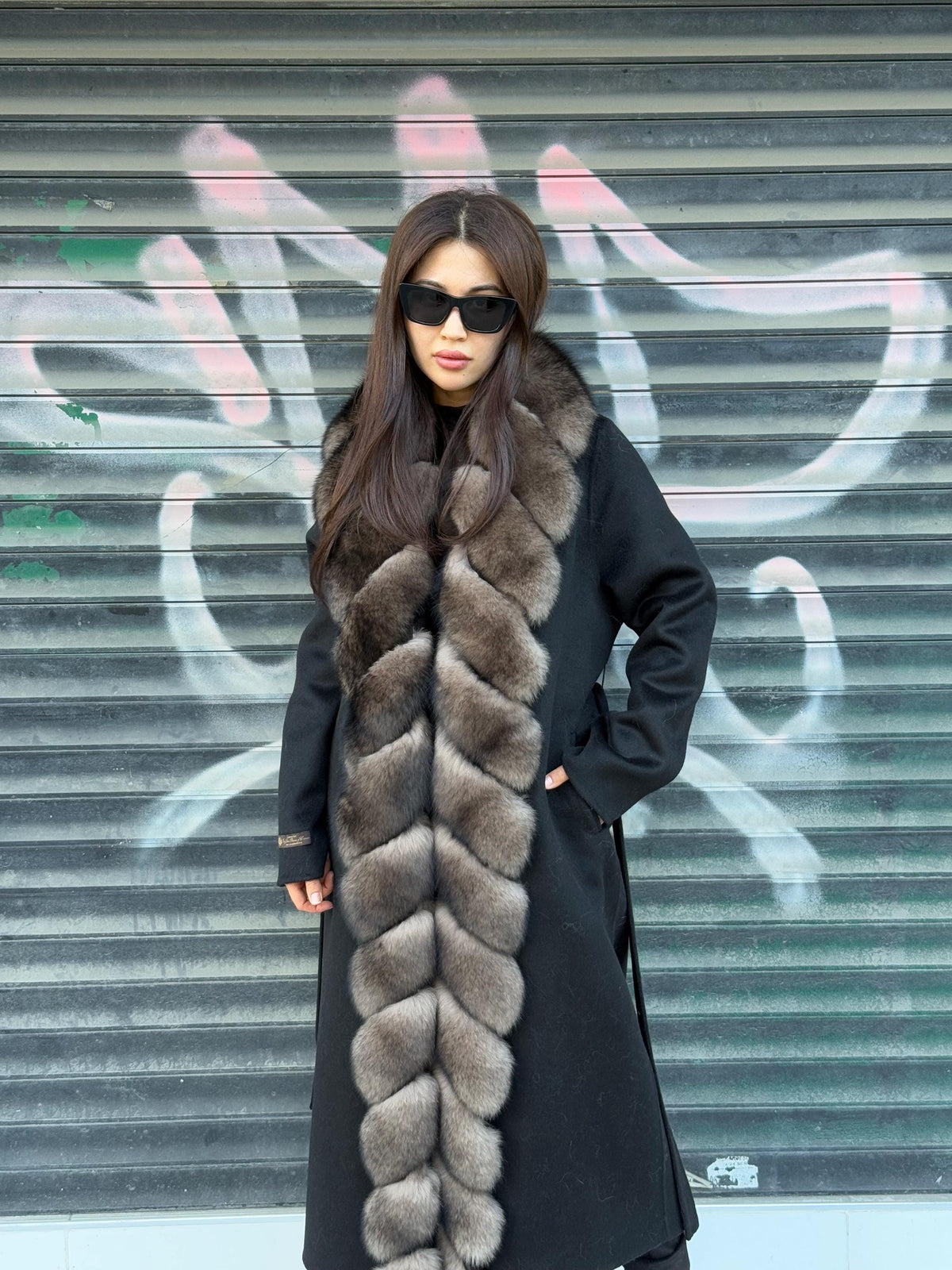 Black Long Alpaca Wool Coat, Front Fox Fur Jacket. / Long Fox Fur Coat | Women Fox Fur Jacket..| Sable Brown Fox Fur Jacket