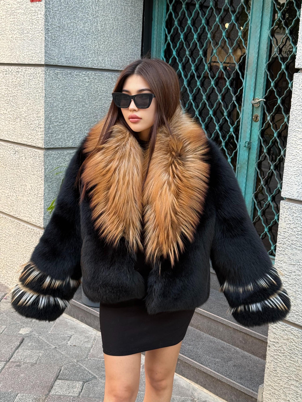 Black Fox Fur Jacket, Collar Golden Fox Fur Jacket..- Argentina Fox Fur Coat./ Women Fox Fur Jacket..- Premium Fox Fur