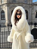 Long Ivory White Alcantara Coat. Hood & Cuffs Huge Arctic Fox Fur. Arctic White Fox Fur Jacket
