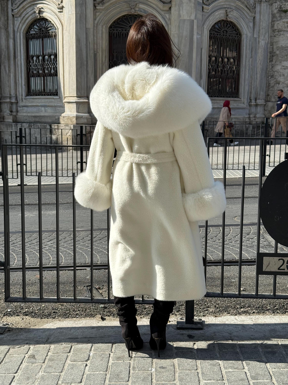 Long Ivory White Alcantara Coat. Hood & Cuffs Huge Arctic Fox Fur. Arctic White Fox Fur Jacket