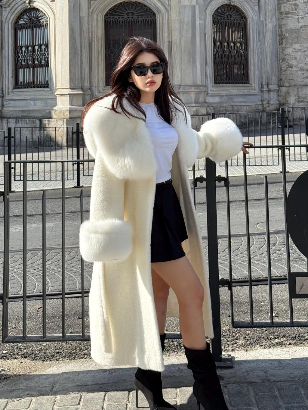 Long Ivory White Alcantara Coat. Hood & Cuffs Huge Arctic Fox Fur. Arctic White Fox Fur Jacket
