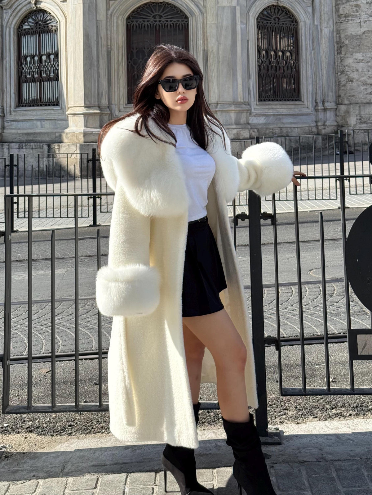 Long Ivory White Alcantara Coat. Hood & Cuffs Huge Arctic Fox Fur. Arctic White Fox Fur Jacket