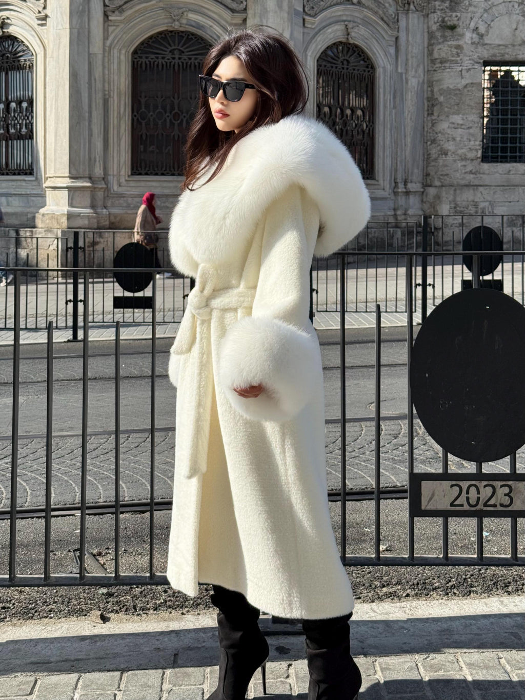 Long Ivory White Alcantara Coat. Hood & Cuffs Huge Arctic Fox Fur. Arctic White Fox Fur Jacket