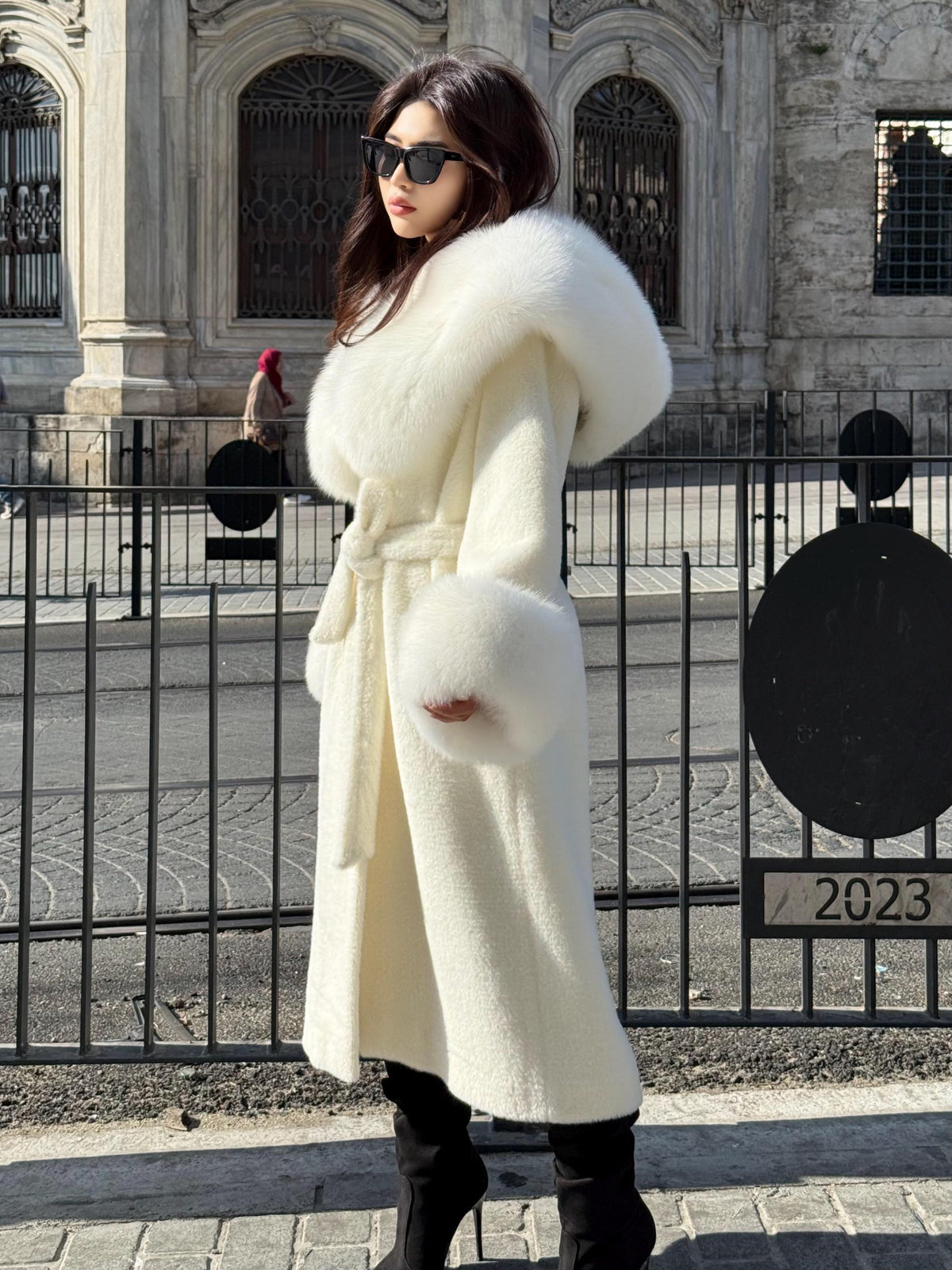 Long Ivory White Alcantara Coat. Hood & Cuffs Huge Arctic Fox Fur. Arctic White Fox Fur Jacket