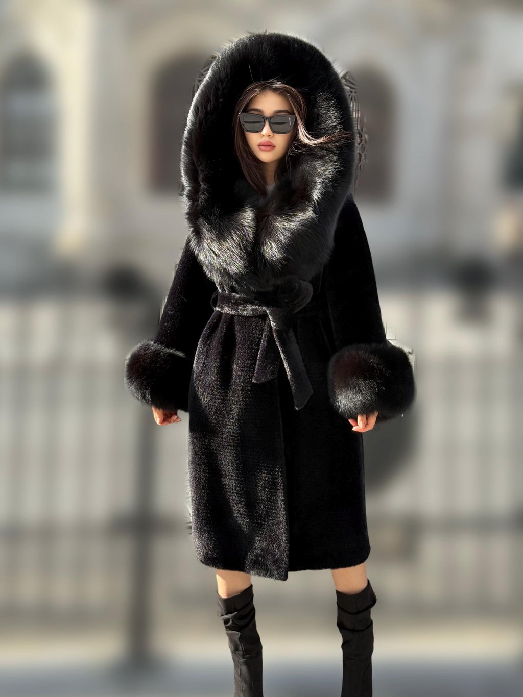 Black Long Alcantara Fabric Coat with Fox Fur Trim | Hood & Cuffs Huge Fox Fur Jacket | Black Fox Trim Coat