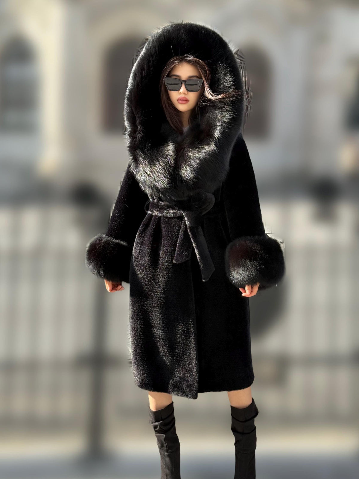 Black Long Alcantara Fabric Coat with Fox Fur Trim | Hood & Cuffs Huge Fox Fur Jacket | Black Fox Trim Coat