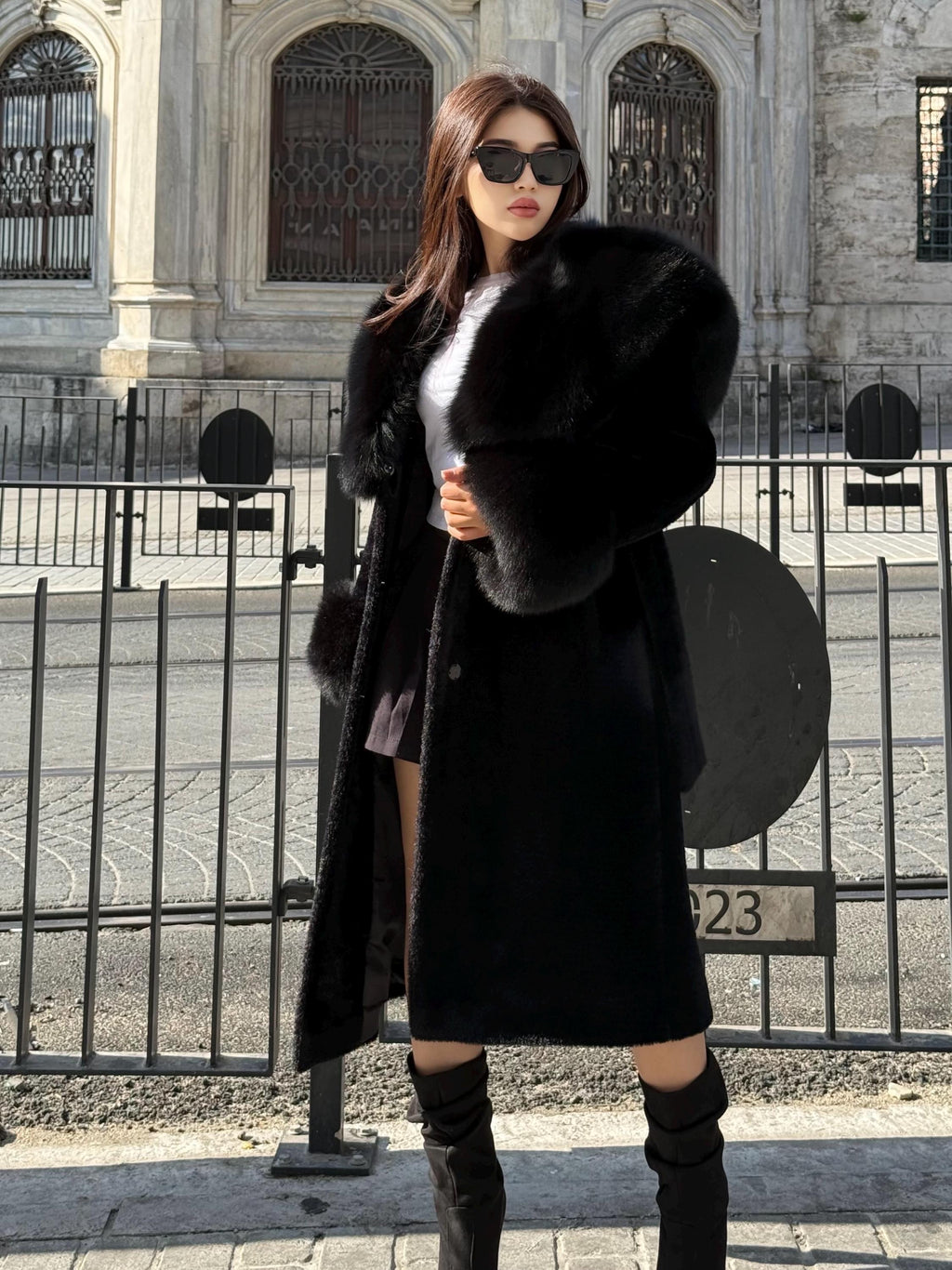 Black Long Alcantara Fabric Coat with Fox Fur Trim | Hood & Cuffs Huge Fox Fur Jacket | Black Fox Trim Coat
