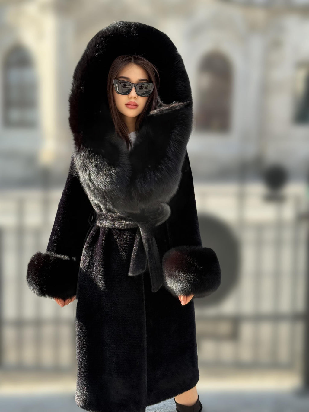 Black Long Alcantara Fabric Coat with Fox Fur Trim | Hood & Cuffs Huge Fox Fur Jacket | Black Fox Trim Coat