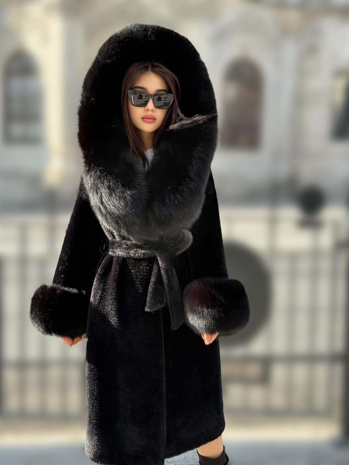 Black Long Alcantara Fabric Coat with Fox Fur Trim | Hood & Cuffs Huge Fox Fur Jacket | Black Fox Trim Coat