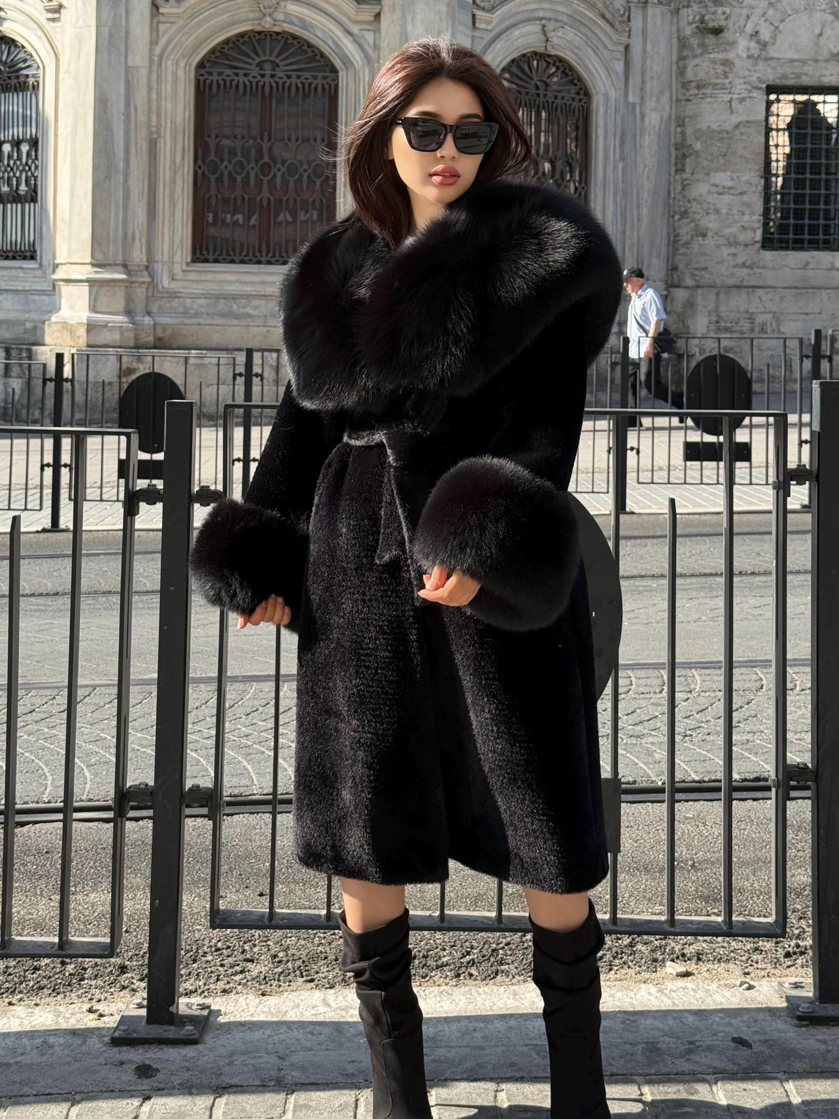 Black Long Alcantara Fabric Coat with Fox Fur Trim | Hood & Cuffs Huge Fox Fur Jacket | Black Fox Trim Coat