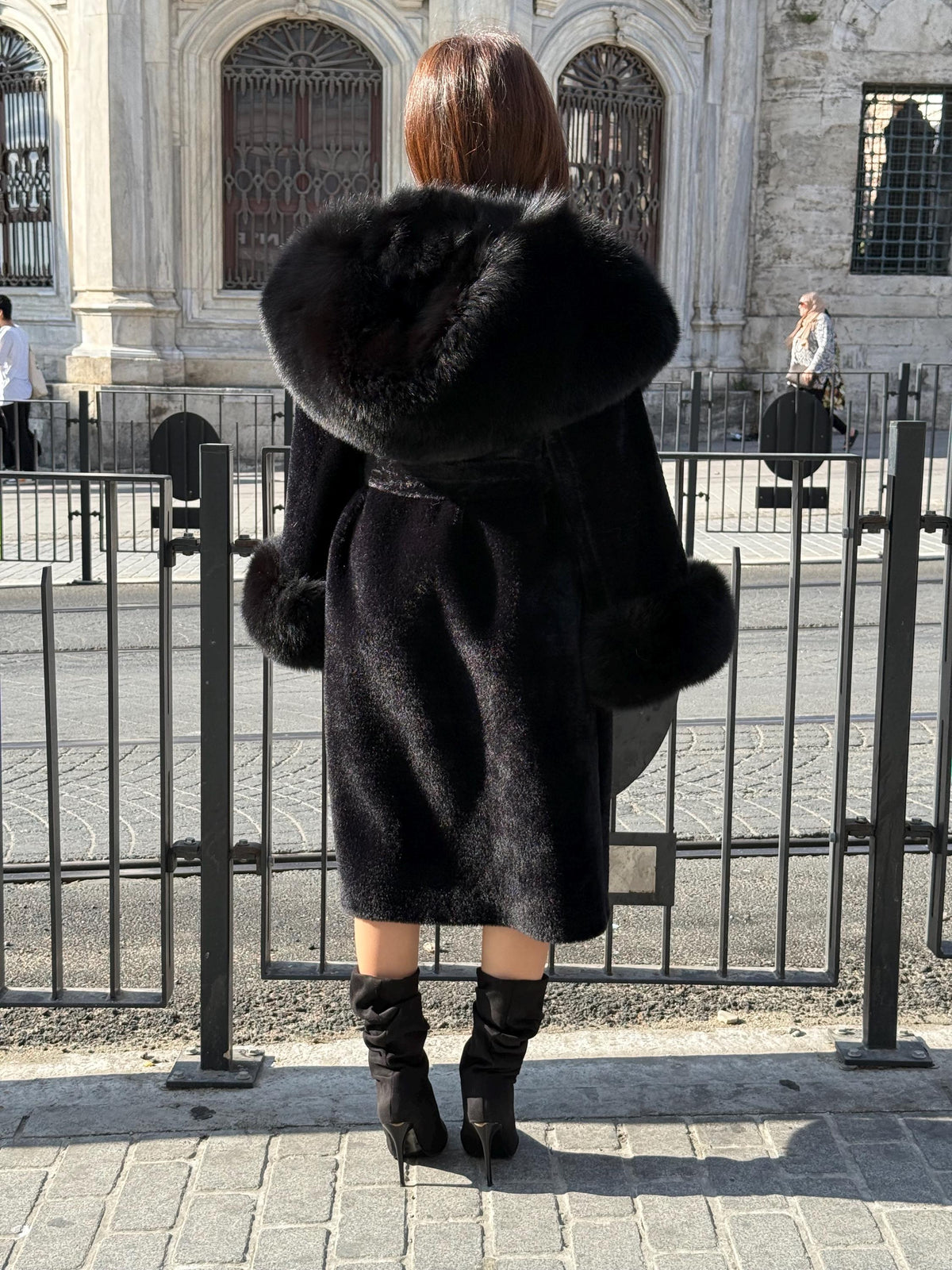 Black Long Alcantara Fabric Coat with Fox Fur Trim | Hood & Cuffs Huge Fox Fur Jacket | Black Fox Trim Coat