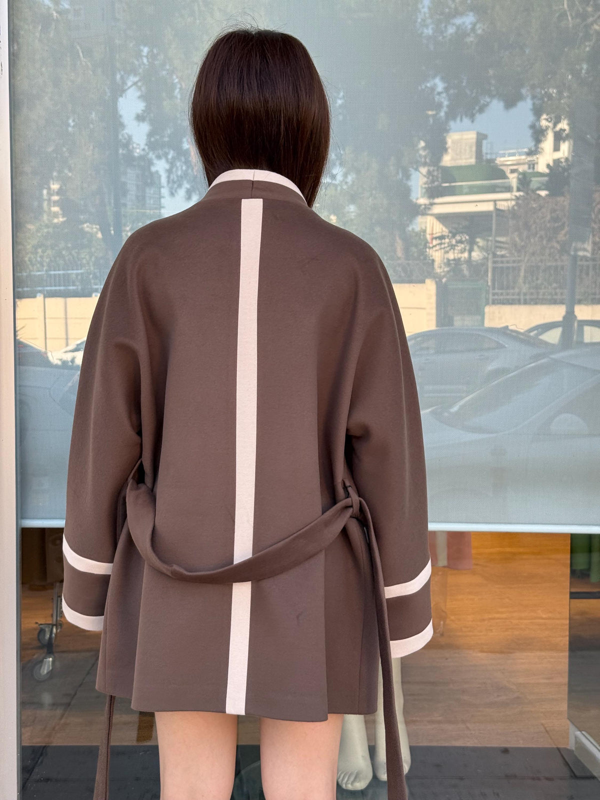 Handmade Cashmere Wool Short Coat with Contrast Trim – Belted Minimalist Jacket for Women | Black & Brown Options | Elegant Modern Outerwear