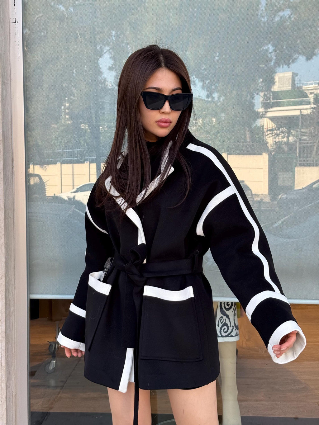 Handmade Cashmere Wool Short Coat with Contrast Trim – Belted Minimalist Jacket for Women | Black & Brown Options | Elegant Modern Outerwear