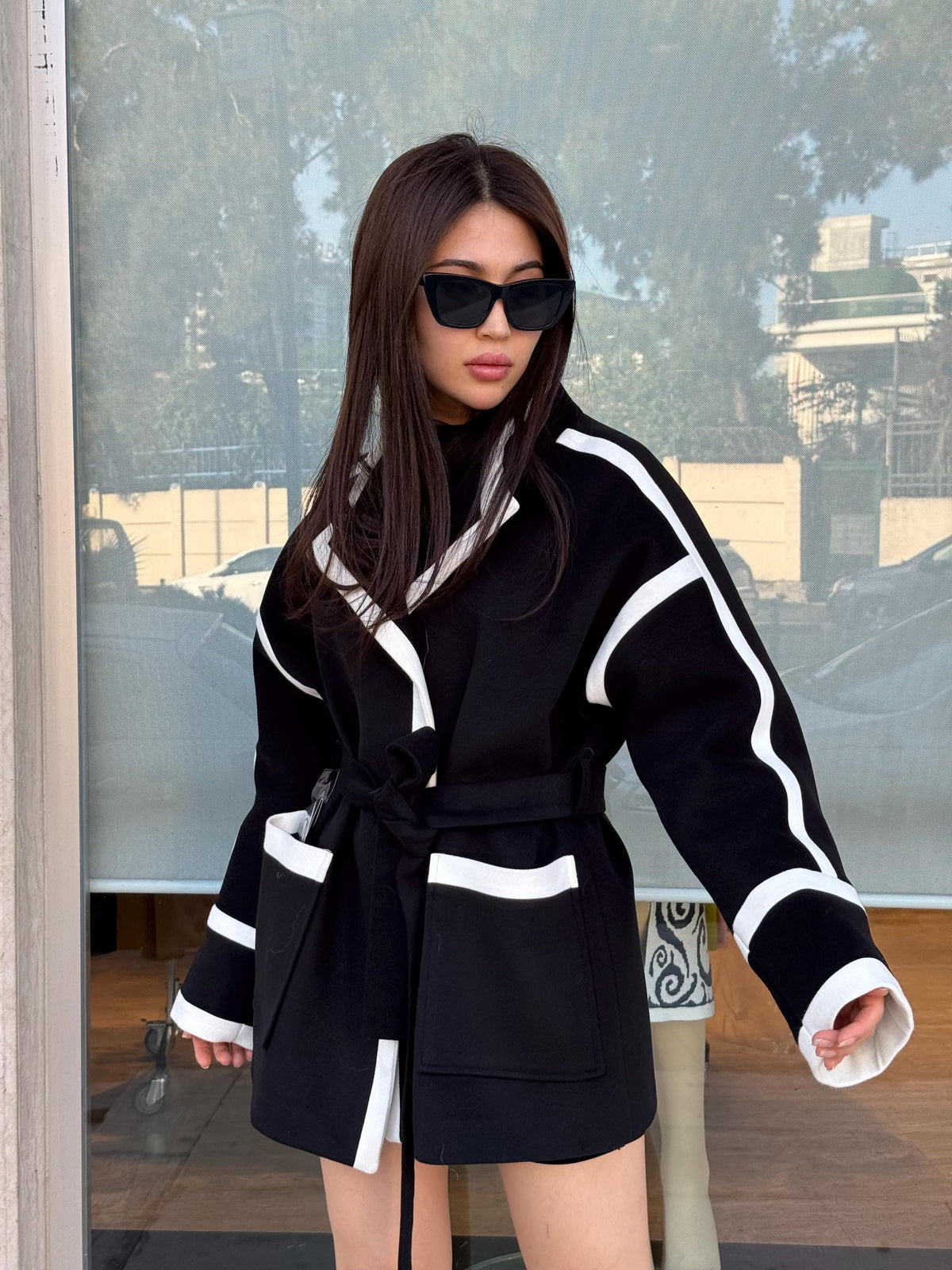 Handmade Cashmere Wool Short Coat with Contrast Trim – Belted Minimalist Jacket for Women | Black & Brown Options | Elegant Modern Outerwear