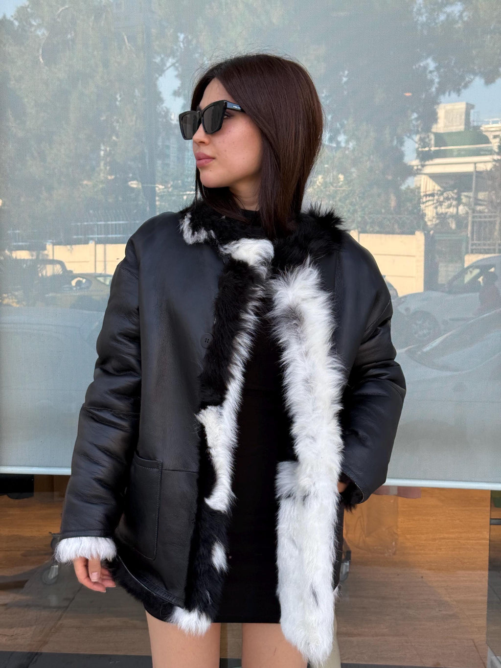 Reversible Shearling Coat, Handmade Women’s Black White Cow Print Lamb Fur Jacket