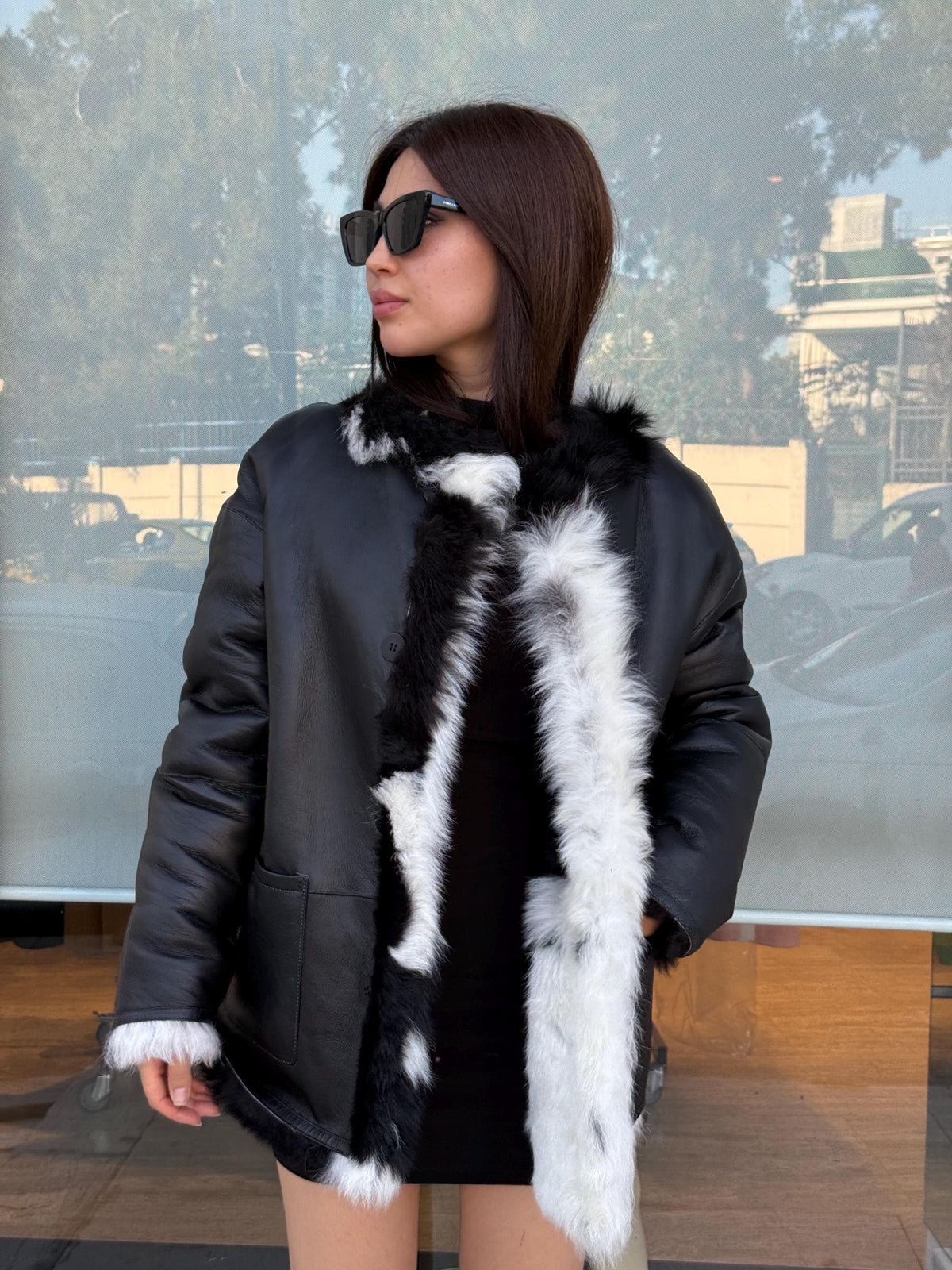 Reversible Shearling Coat, Handmade Women’s Black White Cow Print Lamb Fur Jacket