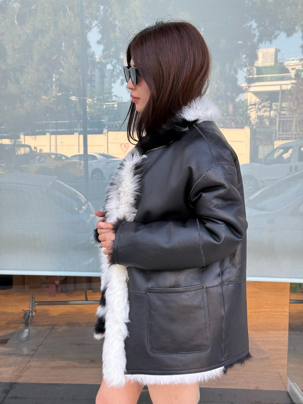 Reversible Shearling Coat, Handmade Women’s Black White Cow Print Lamb Fur Jacket