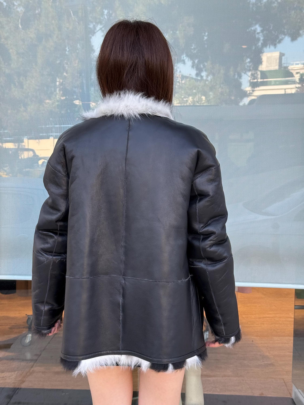 Reversible Shearling Coat, Handmade Women’s Black White Cow Print Lamb Fur Jacket