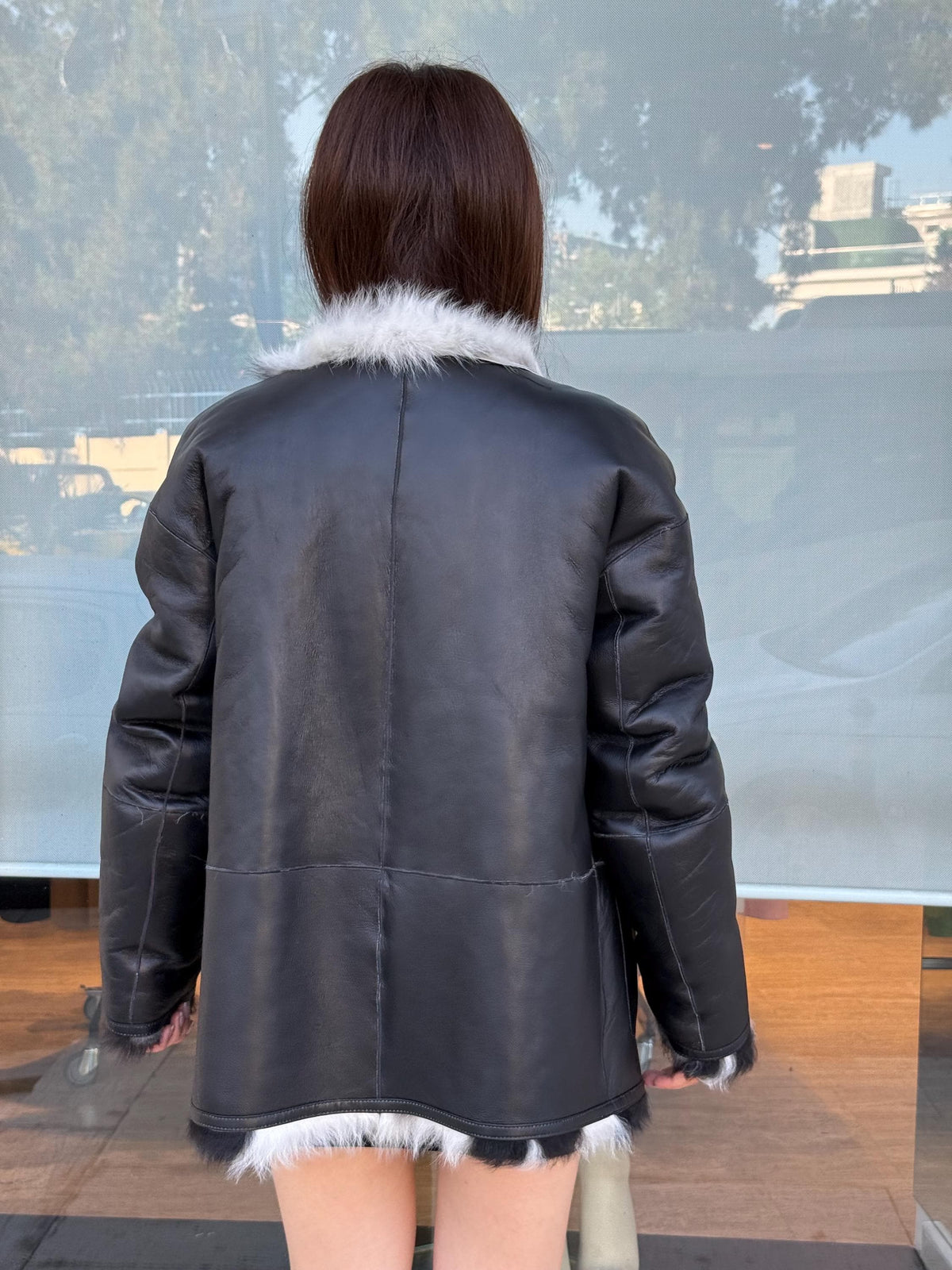 Reversible Shearling Coat, Handmade Women’s Black White Cow Print Lamb Fur Jacket