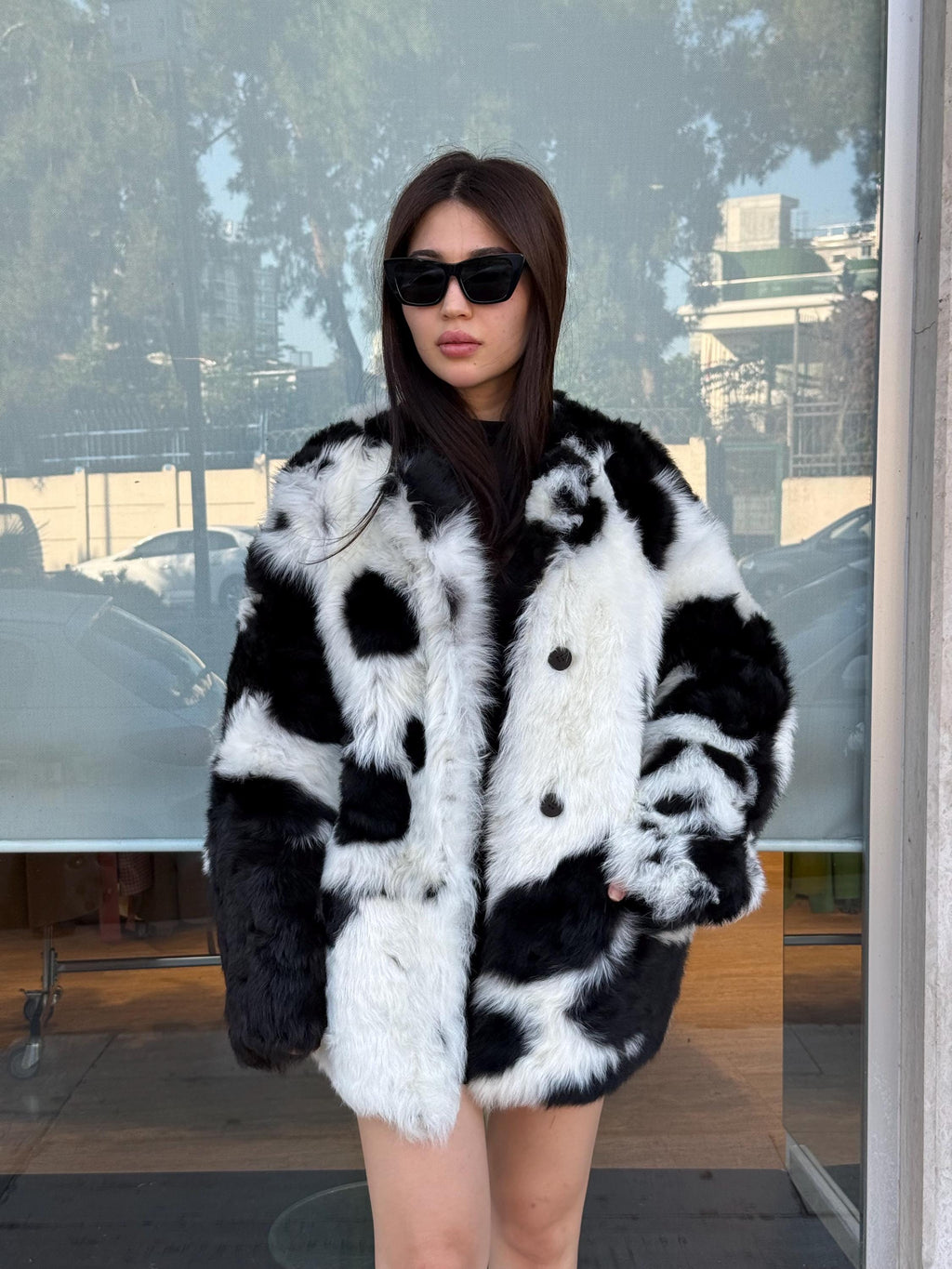 Reversible Shearling Coat, Handmade Women’s Black White Cow Print Lamb Fur Jacket