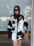 Reversible Shearling Coat, Handmade Women’s Black White Cow Print Lamb Fur Jacket