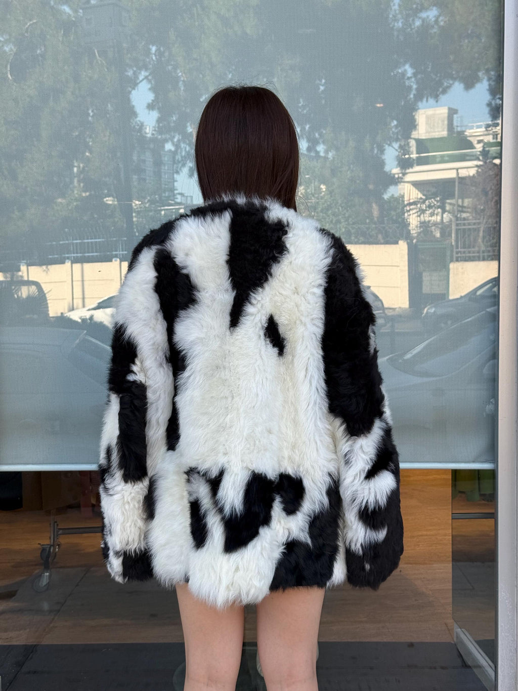 Reversible Shearling Coat, Handmade Women’s Black White Cow Print Lamb Fur Jacket