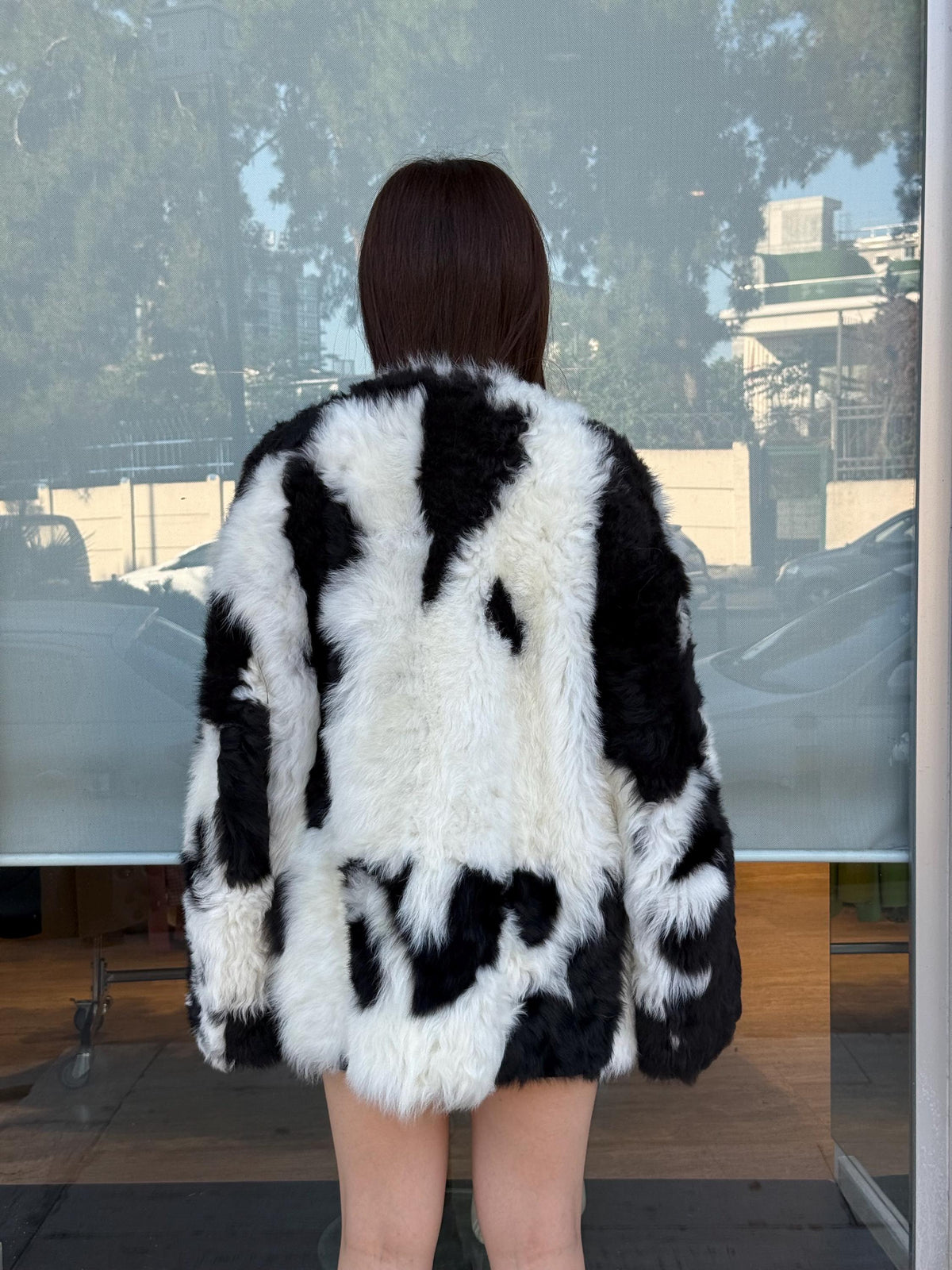 Reversible Shearling Coat, Handmade Women’s Black White Cow Print Lamb Fur Jacket