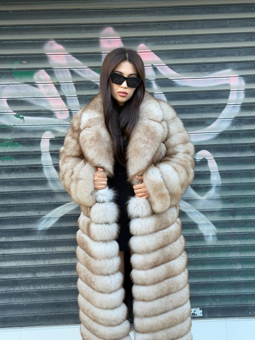 Golden Beige Fox Fur Coat , Handmade Luxury Long Fox Fur Jacket For Women