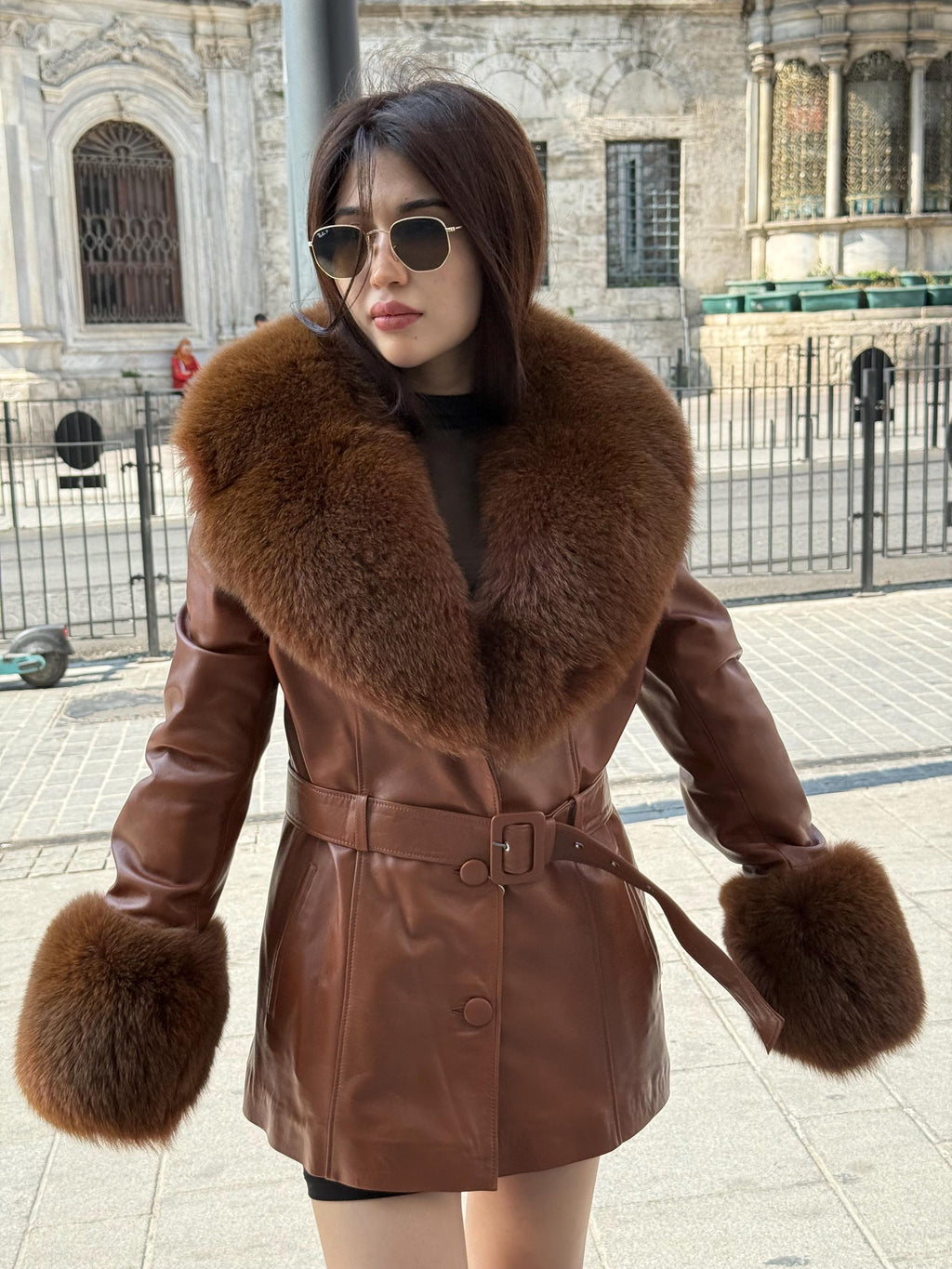 Whisky Brown Leather Coat-Collar&Cuffs Huge Fox Fur Jacket, Brown Fox Fur Jacket- Women Fox Fur Jacket— Fox Fur