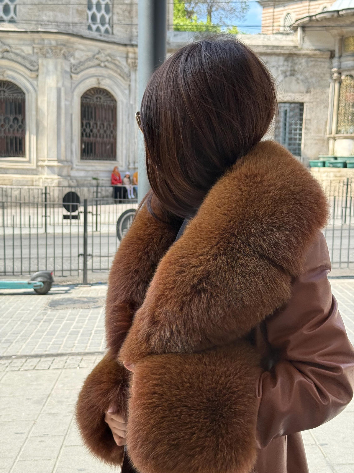 Whisky Brown Leather Coat-Collar&Cuffs Huge Fox Fur Jacket, Brown Fox Fur Jacket- Women Fox Fur Jacket— Fox Fur