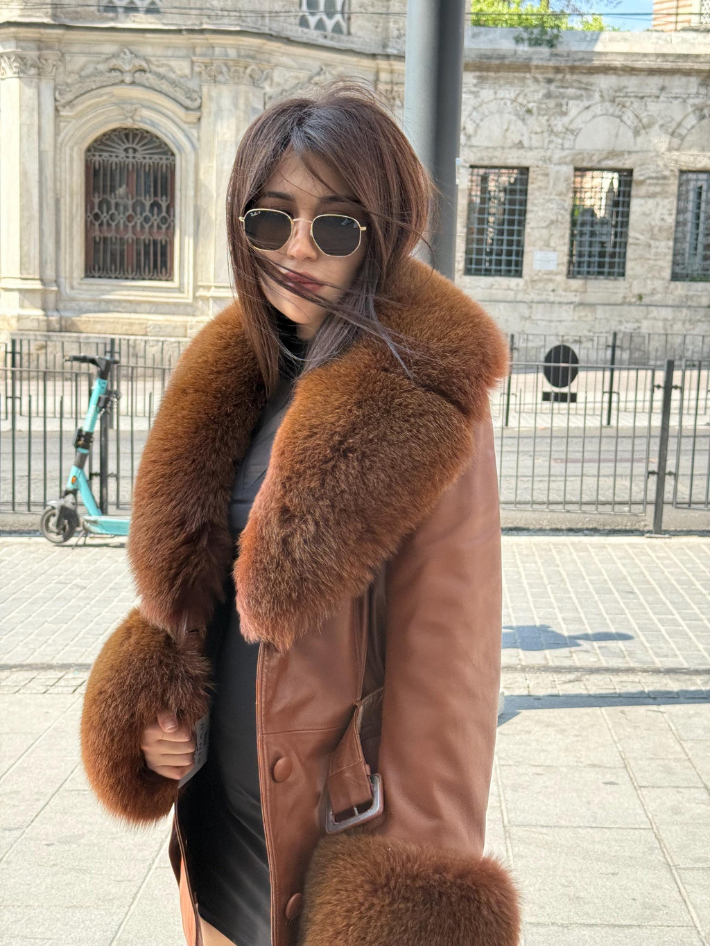 Whisky Brown Leather Coat-Collar&Cuffs Huge Fox Fur Jacket, Brown Fox Fur Jacket- Women Fox Fur Jacket— Fox Fur