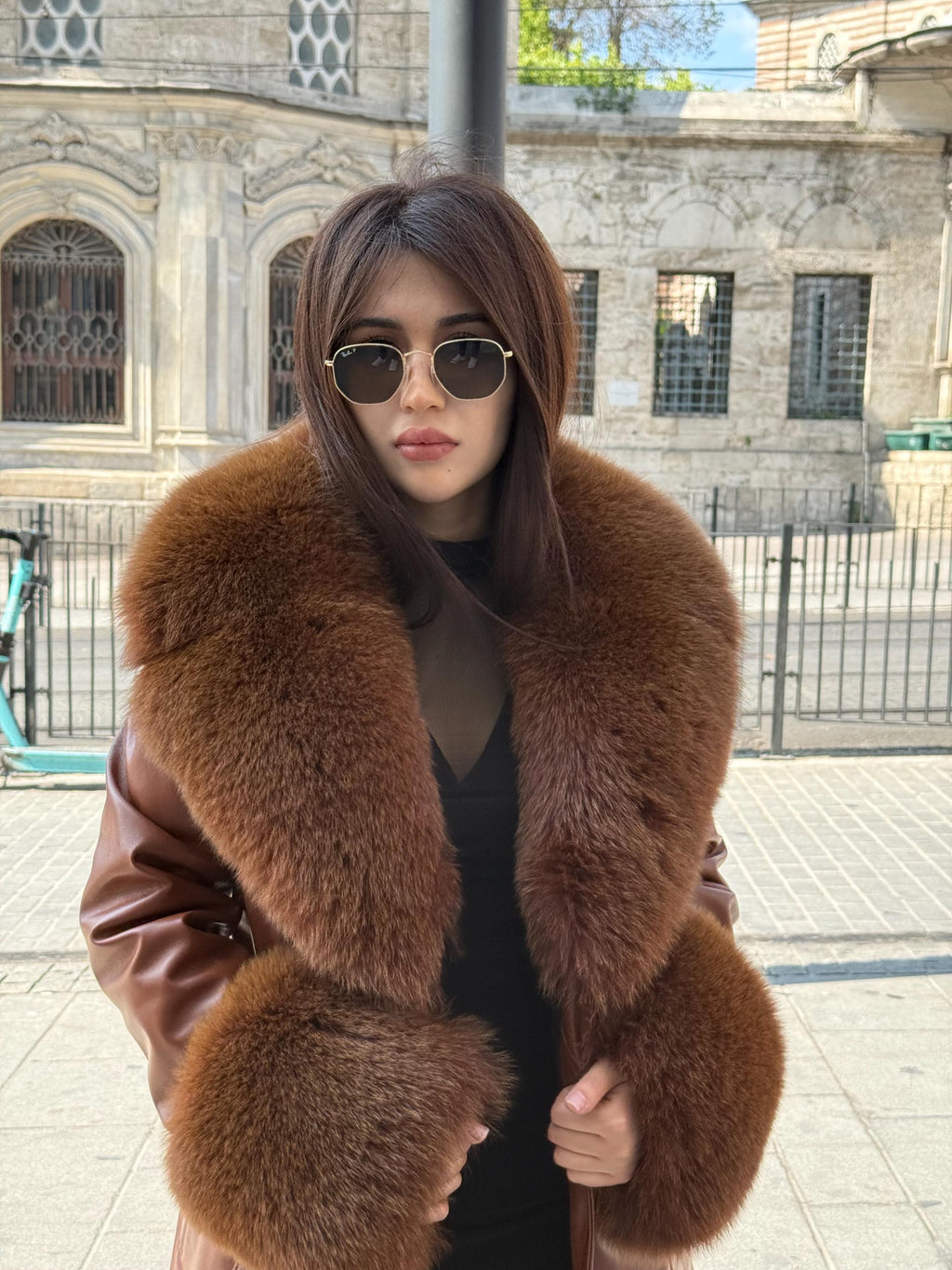 Whisky Brown Leather Coat-Collar&Cuffs Huge Fox Fur Jacket, Brown Fox Fur Jacket- Women Fox Fur Jacket— Fox Fur