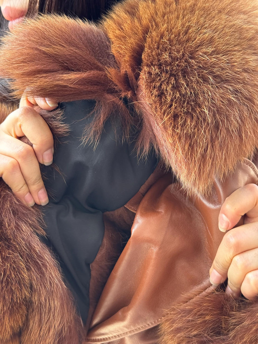 Whisky Brown Leather Coat-Collar&Cuffs Huge Fox Fur Jacket, Brown Fox Fur Jacket- Women Fox Fur Jacket— Fox Fur