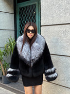 Black Fox Fur Jacket, Full Skin Fox Fur Coat, Premium Saga Fox Fur Jacket, Collar Silver Frost Fox Fur__ Short Fox Fur Jacket