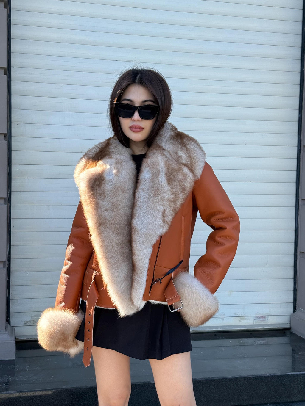 Women’s Whisky Brown Shearling Coat, Short Handmade Lambskin Front Fox Fur Jacket