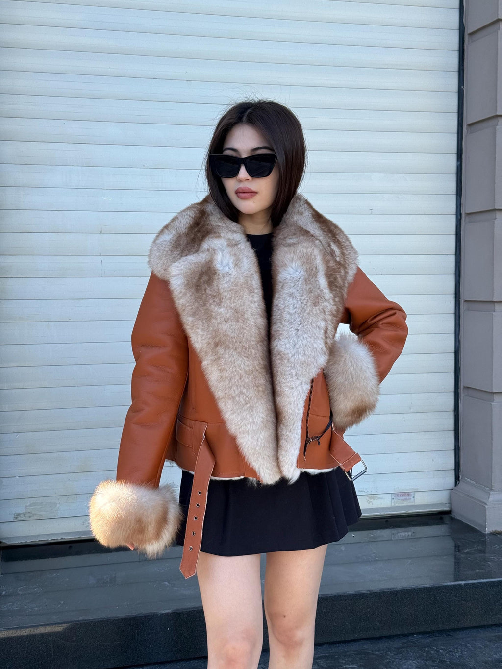 Women’s Whisky Brown Shearling Coat, Short Handmade Lambskin Front Fox Fur Jacket