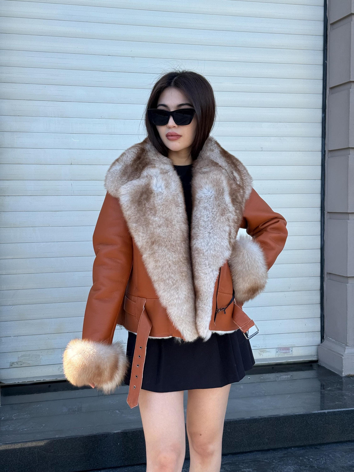 Women’s Whisky Brown Shearling Coat, Short Handmade Lambskin Front Fox Fur Jacket