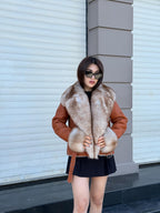 Women’s Whisky Brown Shearling Coat, Short Handmade Lambskin Front Fox Fur Jacket