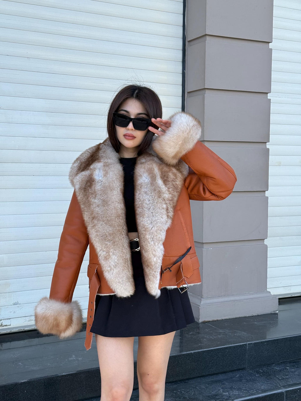 Women’s Whisky Brown Shearling Coat, Short Handmade Lambskin Front Fox Fur Jacket