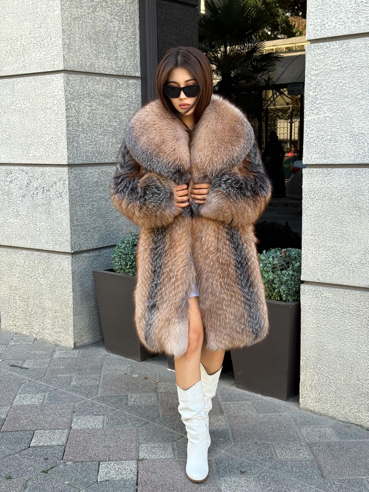 Luxury Long Fox Fur Coat, Women’s Handmade Golden Frost Fur Jacket