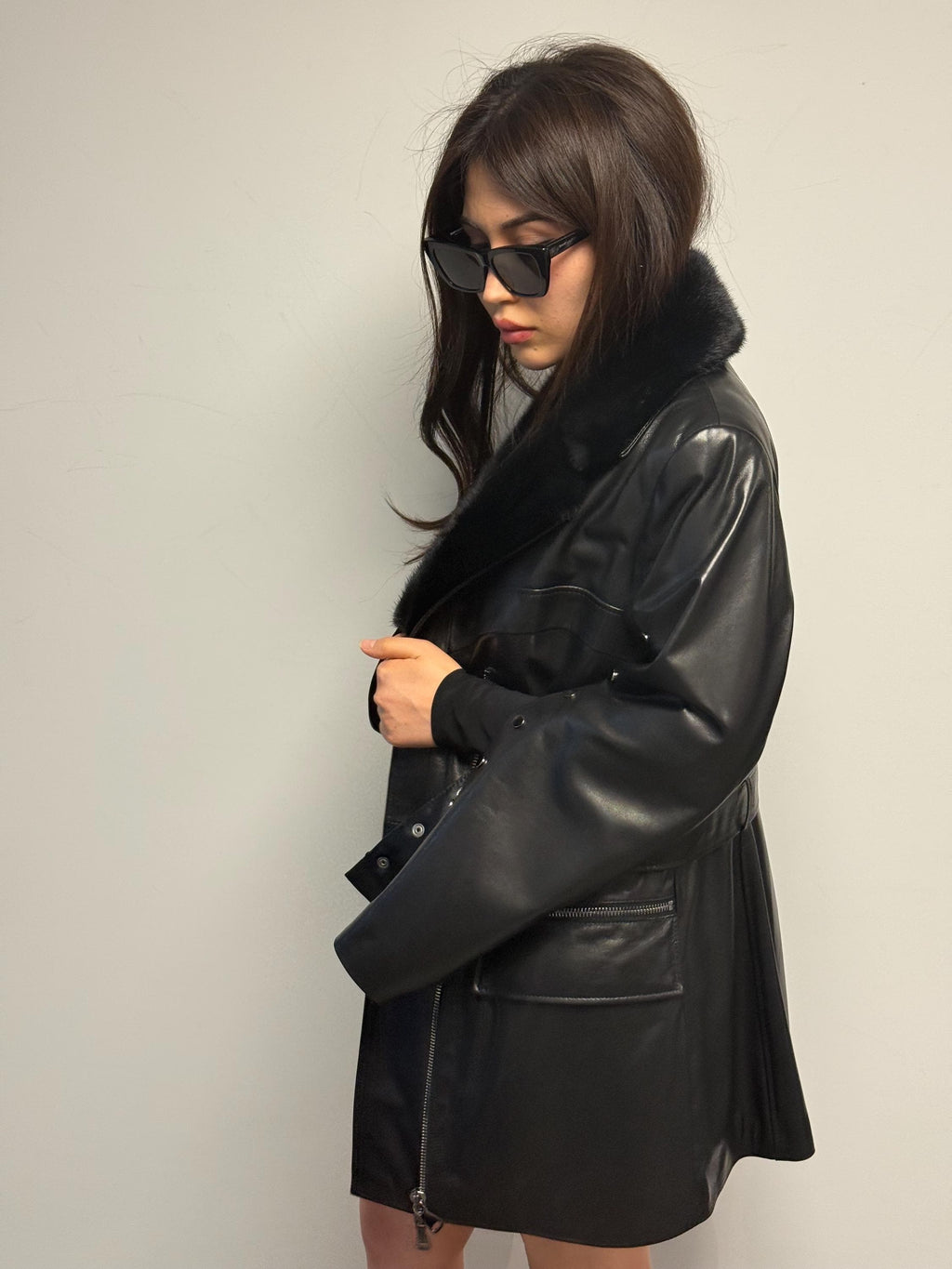 Luxury Black Leather Coat with Mink Fur Collar | Handmade Genuine Leather Jacket | Designer Trench with Snap Sleeves & Belt - Gift For Her